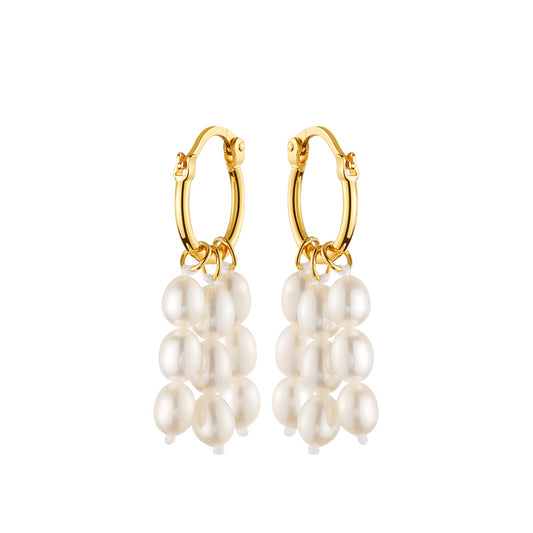 Trio Gold Hoop White Pearl Cluster Earrings